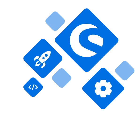 Illustration mit Shopware-Logo und Symbolen für Entwicklung, Raketenstart und Einstellungen in blauen Kacheln