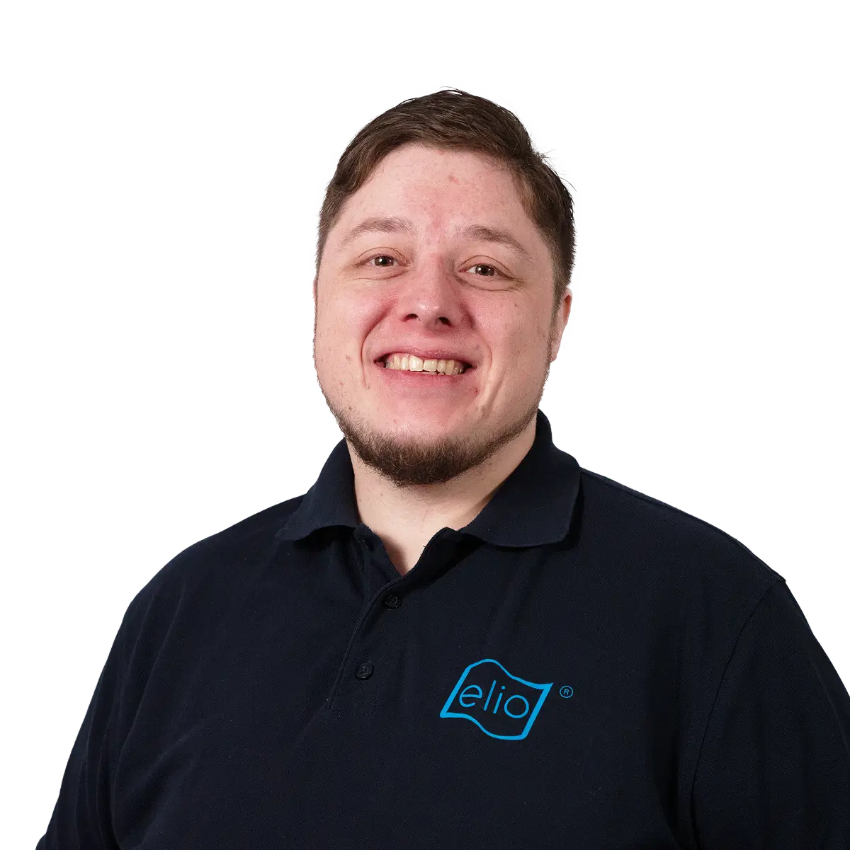 Porträt von Ruben Theerkorn mit elio Logo, elio GmbH