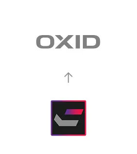 Migration von HCL Commerce zu OXID eShop, dargestellt durch einen Pfeil vom HCL Commerce Logo zum OXID Logo