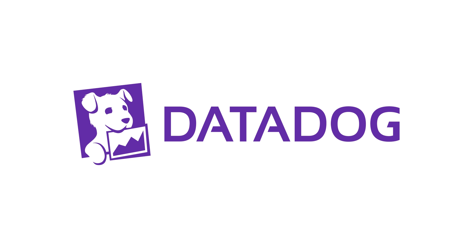Lila Datadog-Logo mit einem stilisierten weißen Hund in einem Quadrat, der ein Diagramm mit ansteigender Kurve hält. Rechts daneben der Schriftzug ‚DATADOG‘ in Großbuchstaben.